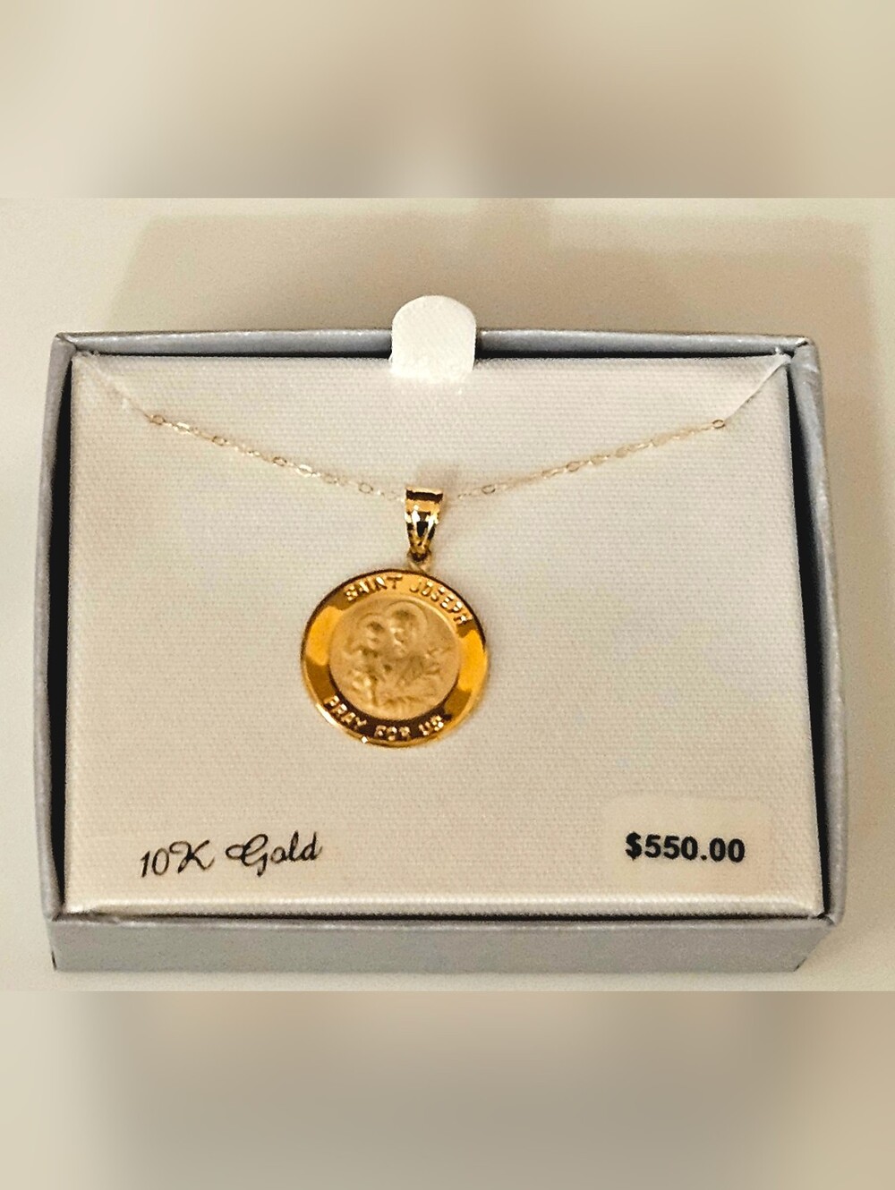 10K GOLD St. Josephs Pray For Us Pendant with 18 Inch Chain